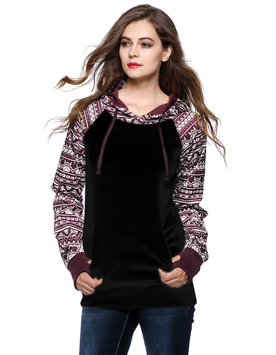 Full Sleeve Hoodies Black White O-neck Patchwork Casual Top 2016 New Autumn Fashion Lady Tops