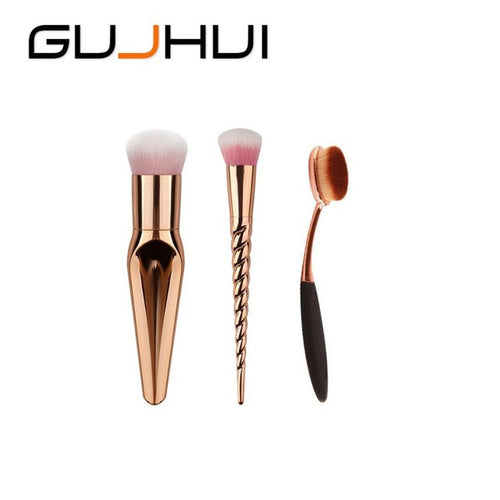 GUJHUI 18.5.*8*3 cm RoseGold Color 3PCS Make Up Foundation Eyebrow Eyeliner Blush Cosmetic Concealer Brushes Anne