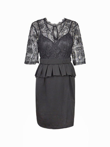 Gauze Mesh Floral Pattern Front Hollow Out High Waist Peplum Eyelash Lace Women Black Dress 2016 Casual Office Work Dress