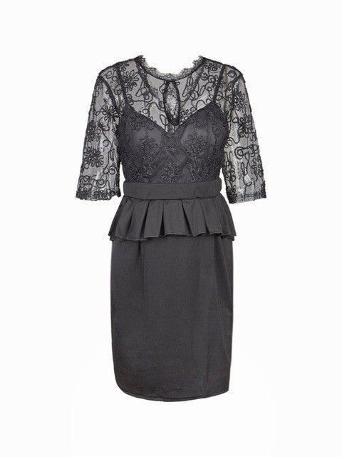 Gauze Mesh Floral Pattern Front Hollow Out High Waist Peplum Eyelash Lace Women Black Dress 2016 Casual Office Work Dress