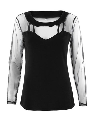Gauze Mesh Solid Black O-Neck Blouse See Through Full Sleeve Slim Women Sexy Blouse Shirt 2016 Autumn Women Sexy Fashion Blouse