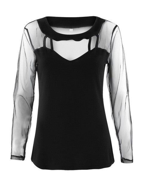 Gauze Mesh Solid Black O-Neck Blouse See Through Full Sleeve Slim Women Sexy Blouse Shirt 2016 Autumn Women Sexy Fashion Blouse