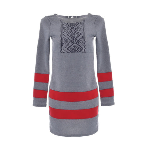 Geometric Ethnic Printed Women Dress Striped Mini Shirt Dress Autumn Patchwork Red Grey Dress Long Sleeve Ladies Dresses