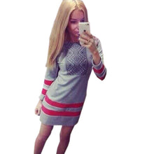 Geometric Ethnic Printed Women Dress Striped Mini Shirt Dress Autumn Patchwork Red Grey Dress Long Sleeve Ladies Dresses