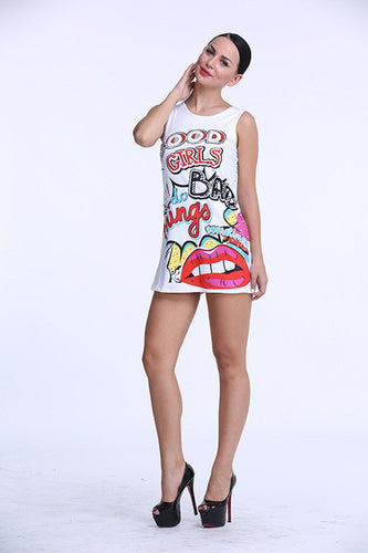 Good Girl Letter Print Doddle Lips Pattern Girl Summer Sundress Tank White Dress Mini Short Casual Slim 2017 Women Dress