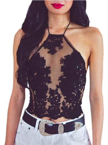 Halter Backless Floral Pattern See Through Mesh Sexy Club Vest Bralette Top Bralet Gauze Beach Crop Top Elegant Sexy Camis Tank