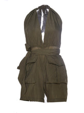 Halter Deep V Neck Bow Knot Pocket Short Ladies Cargo Romper Jumpsuit Backless Sexy Club Casual Summer Bodysuit Army Green