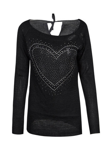 Heart Print Knit Top O-Neck Full Length White Tee Black Sweater 2016 Fall Women Casual Tops New Arrival Women T Shirt