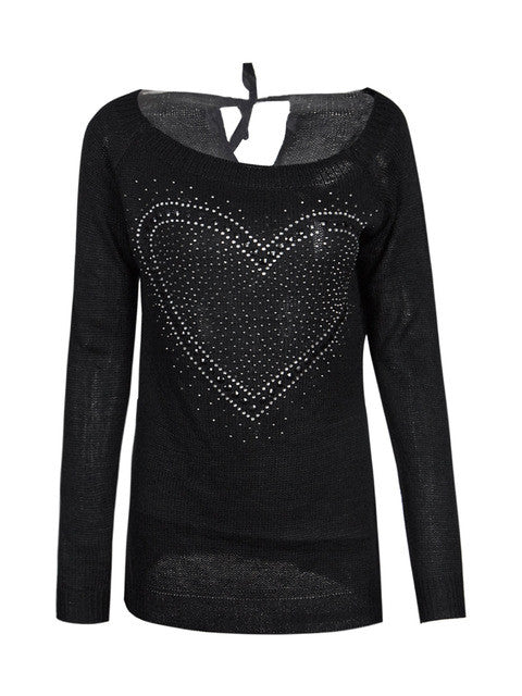 Heart Print Knit Top O-Neck Full Length White Tee Black Sweater 2016 Fall Women Casual Tops New Arrival Women T Shirt