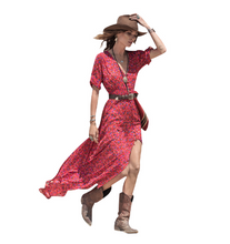 High Low Chiffon Sheer Dress Floral Print Red Boho V Neck Sexy Dress See Through Dress European Style Long Maxi Elegant 2016