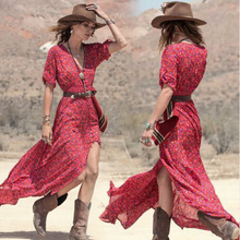 High Low Chiffon Sheer Dress Floral Print Red Boho V Neck Sexy Dress See Through Dress European Style Long Maxi Elegant 2016