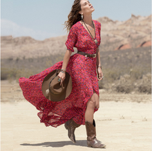 High Low Chiffon Sheer Dress Floral Print Red Boho V Neck Sexy Dress See Through Dress European Style Long Maxi Elegant 2016