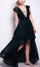 High Low Ruched Front Lace Up Deep V Neck Sexy High Low Chiffon Maxi Dress Ruffles Prom Party Dress Ruffles Summer Homecoming