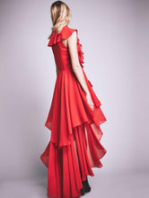 High Low Ruched Front Lace Up Deep V Neck Sexy High Low Chiffon Maxi Dress Ruffles Prom Party Dress Ruffles Summer Homecoming