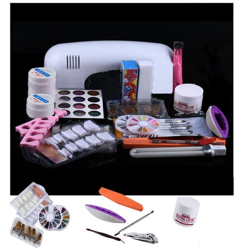 High Quality 21 in 1 Combo Set Professional DIY UV Gel Nail Art Kit 9W Lamp Dryer Brush Buffer Tool Nail Tips Glue Acrylic Set