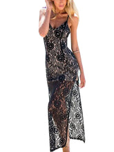 Hollow Embroidery Maxi Double Split Side Backless V Neck Sheer Flower Pattern Slit Spaghetti Strap Sun Dress Sexy Nude beach