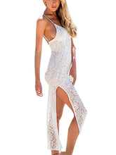 Hollow Embroidery Maxi Double Split Side Backless V Neck Sheer Flower Pattern Slit Spaghetti Strap Sun Dress Sexy Nude beach