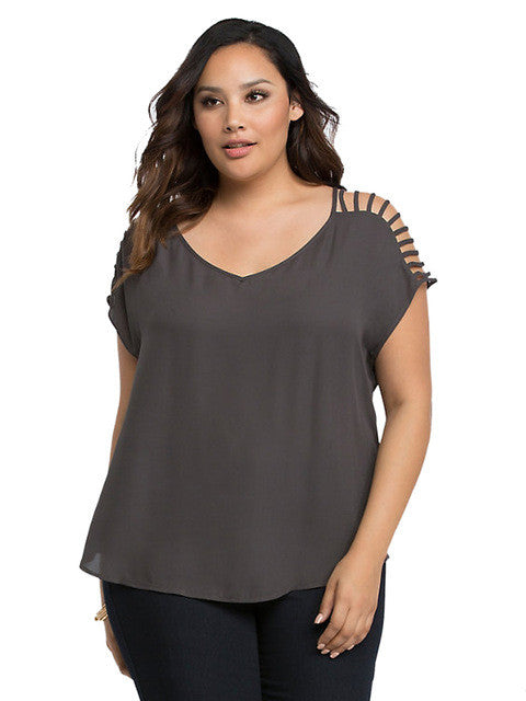 Hollow Out Grey Shirt V Neck Short Sleeve Big Size Plus Sizes 2Xl 3Xl Womans Casual Summer Blouse Elegant Top Fashion 2016