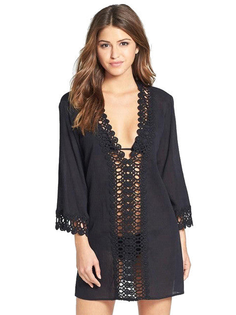 Hollow Out Lace V Neck See Through Sheer Beach Ladies Tops And Blouses Sexy Womens Ladies 2016 Blouses For Spring Summer