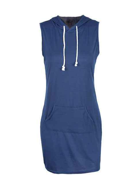 Hooded Sleeveless Pocket Bodycon Casual Mini Short Dress 2016 New Style Summer Dress Fashion New Arrival