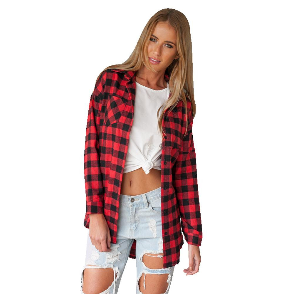 Hot Selling Long Sleeve Plaid Shirts For Women Red Pocket Casual Women Tops Cotton Long Shirt Women Blouses Spring 2016