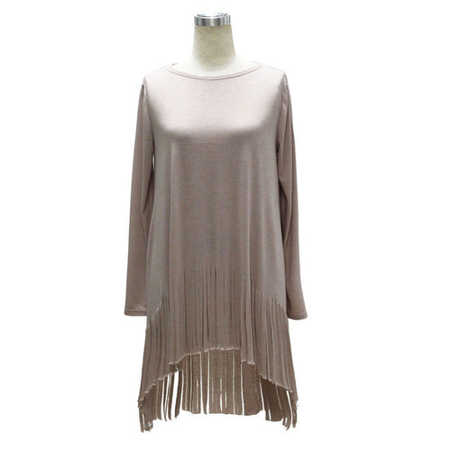 Khaki Solid O-Neck Full Sleeve Fringe Blouse High And Low A Line Tassel Ruched Blouse 2016 Autumn New Top Casual Loose Blouses