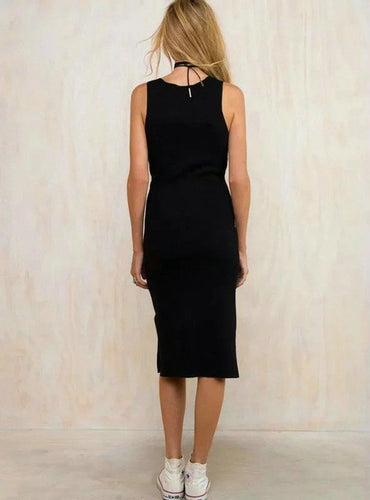 Knee Length Dress Solid V-Neck Empire Sashes Casual Black Dresses Summer Fashion Sexy 2017 New Style Double Side Slit Dress