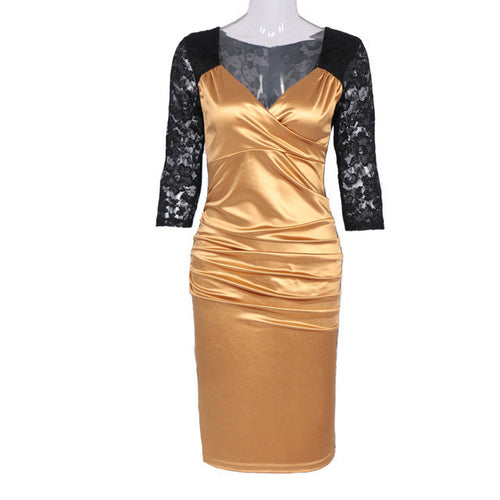 Knee Length Half Sleeve Gold Sexy Party Dresses Ruched V-Neck Lace Bodycon Blue Dress New Fashion Summer Women Fall Dress Autumn