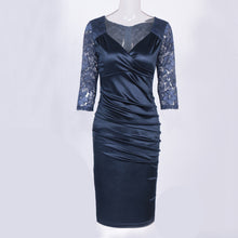 Knee Length Half Sleeve Gold Sexy Party Dresses Ruched V-Neck Lace Bodycon Blue Dress New Fashion Summer Women Fall Dress Autumn