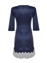 Knee Length Poyester Flower Dark Embroidered Blue Skater Dress Vintage Elegant Dress Lady Retro Causal 2016 Women Spring Fashion