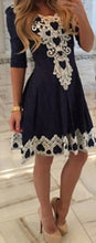 Knee Length Poyester Flower Dark Embroidered Blue Skater Dress Vintage Elegant Dress Lady Retro Causal 2016 Women Spring Fashion