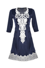 Knee Length Poyester Flower Dark Embroidered Blue Skater Dress Vintage Elegant Dress Lady Retro Causal 2016 Women Spring Fashion
