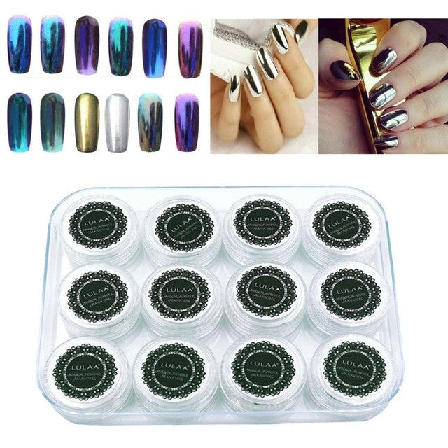 LULAA 12 Colors Nail Glitter Powder Shinning Nail Mirror Powder Makeup Art DIY Chrome Pigment With Sponge Stick Most Popular