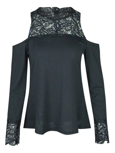 Lace Black Solid Blouse Full Sleeve Hollow Out Strapless Turtleneck Patchwork Blouse Women Summer New 2017 Fashion Cotton Blouse