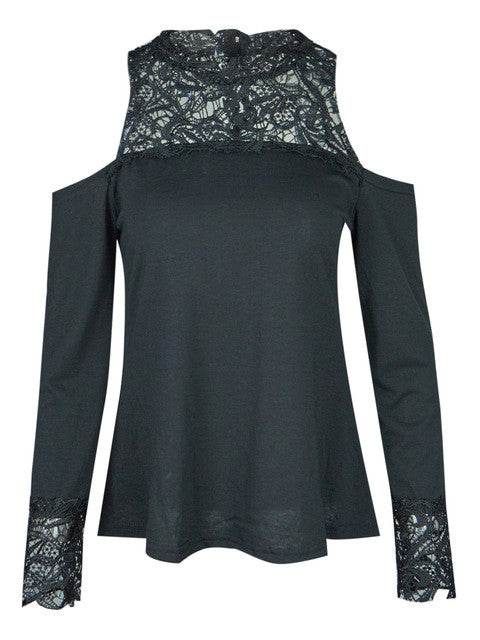 Lace Black Solid Blouse Full Sleeve Hollow Out Strapless Turtleneck Patchwork Blouse Women Summer New 2017 Fashion Cotton Blouse