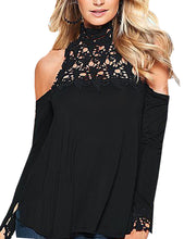 Lace Black Solid Blouse Full Sleeve Hollow Out Strapless Turtleneck Patchwork Blouse Women Summer New 2017 Fashion Cotton Blouse