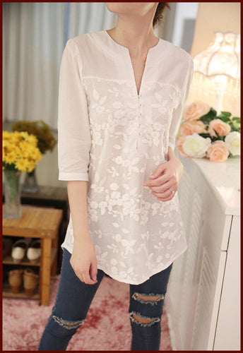 Lace Partchwork V-Neck Print Blouse Half Sleeve High Low Button White Blouse Women 2016 Autumn New Top Casual Loose Blouse