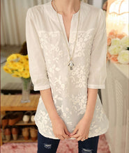 Lace Partchwork V-Neck Print Blouse Half Sleeve High Low Button White Blouse Women 2016 Autumn New Top Casual Loose Blouse