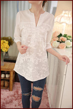 Lace Partchwork V-Neck Print Blouse Half Sleeve High Low Button White Blouse Women 2016 Autumn New Top Casual Loose Blouse