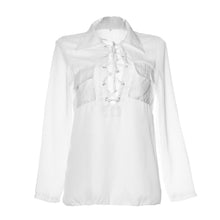 Lace Up Front Chiffon Blouse Big Pocket Front White Blouse See Through Casual Women Tops Plus Size Long Sleeve Shirt Women New