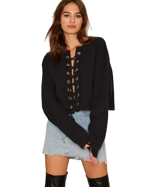 Lace Up Full Sleeve Pullover Black Solid O-Neck Cotton Loose Women 2016 Autumn New Arrival Clothing Fashion Sexy Women Sweater