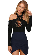Lace Up Strapless Halter Jumpsuit Black Back Zipper Palysuit 2016 New Sexy Bow Full Sleeve Jumpsuit Women Sexy Romper