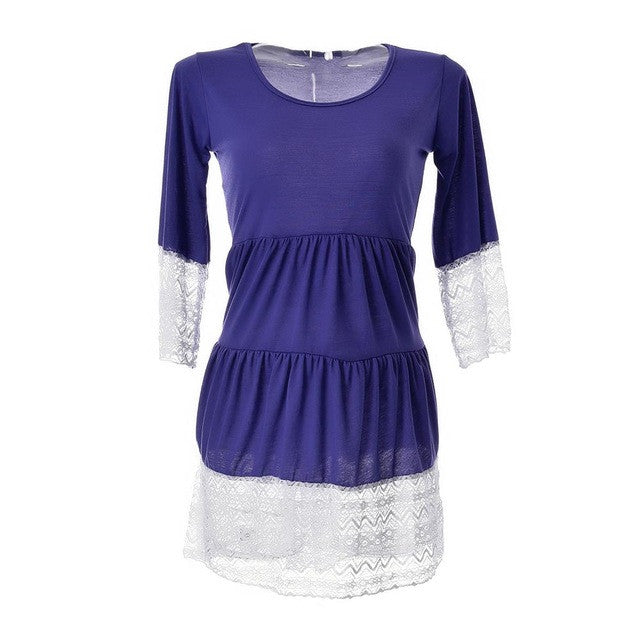 Lace Women Mini Dress Blue Khaki White Dress Three Quarter Sleeve Plus Size Ethnic Causal Frill Dresses Dress Autumn
