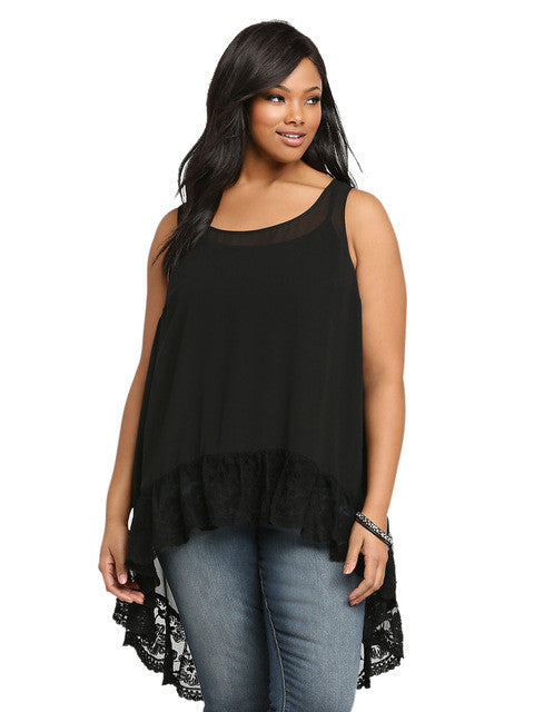 Large Size Lace Mesh Hollow Out High Low Shirt Long Loose Blouse Big Size Black Sheer Chiffon Casuall Blouses Tank Top Summer