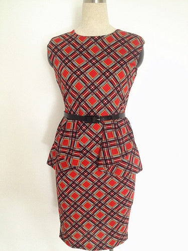 Leisure Red Dress With Belt Plaid Print Dress O-Neck Knee Length Dresses 2016 New Fashion Pencil Summer 2016 High Quality Dress