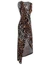 Leopard Tiger Print Deep V Neck High Split On Front Sleeveless Peplum Long Maxi Dress Summer Club 2016 Fashion Party Summer