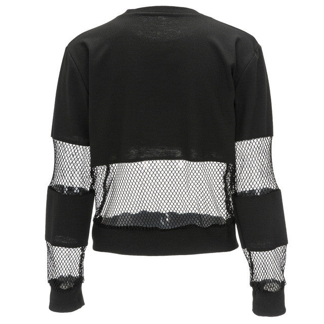 Letter Print Patchwork See Through O-Neck Full Sleeve Sweater 2016 New Fashion Sexy Women Tops Autumn Black White Sweater