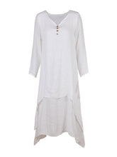 Linen Solid Half Sleeve Ruched V-neck Double Layers Button White Plus Size 3XL Elegant Loose Dress 2016 New Women Autumn Dresses