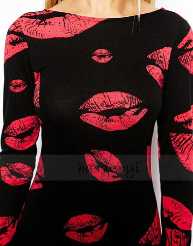 Lip Print Backless O-Neck Dress Full Sleeve Mini Bodycon Slim XXL Casual Dresses Summer New Fashion Dresses Fall Women