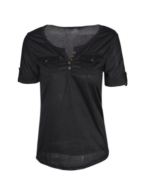 Little Double Pocket Button Up Front Deep V Neck Plunge Sexy Sheer Women Blouse Casual Slim Shirt 2017 Fashion Shirt